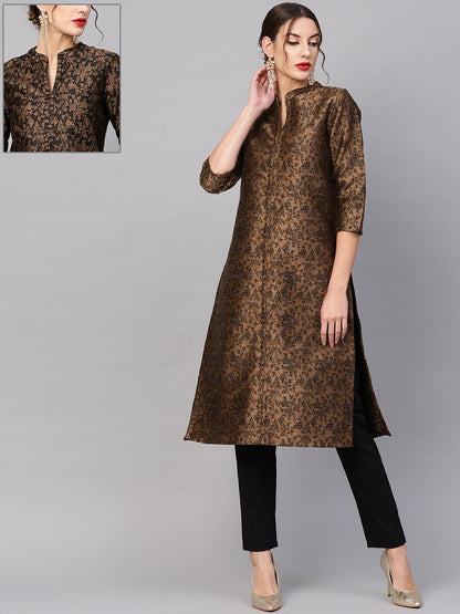 Women's  Coffee Brown & Black Woven Design Reversible Straight Kurta