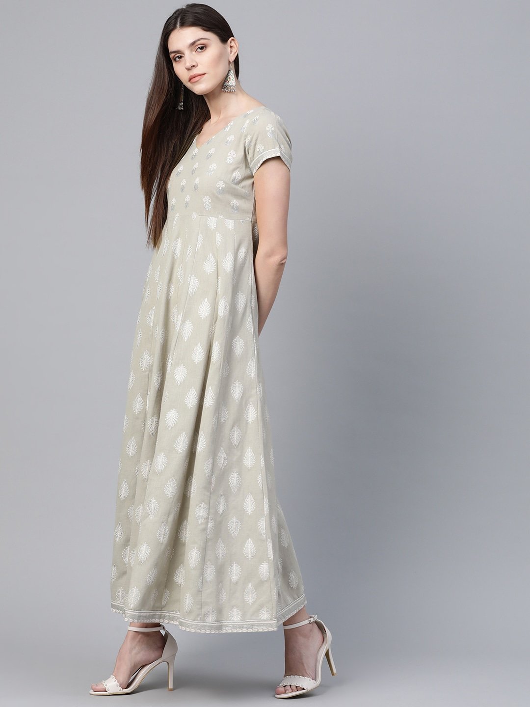 Women's  Taupe & Off White Khari Print Maxi Dress
