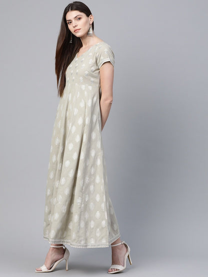 Women's  Taupe & Off White Khari Print Maxi Dress