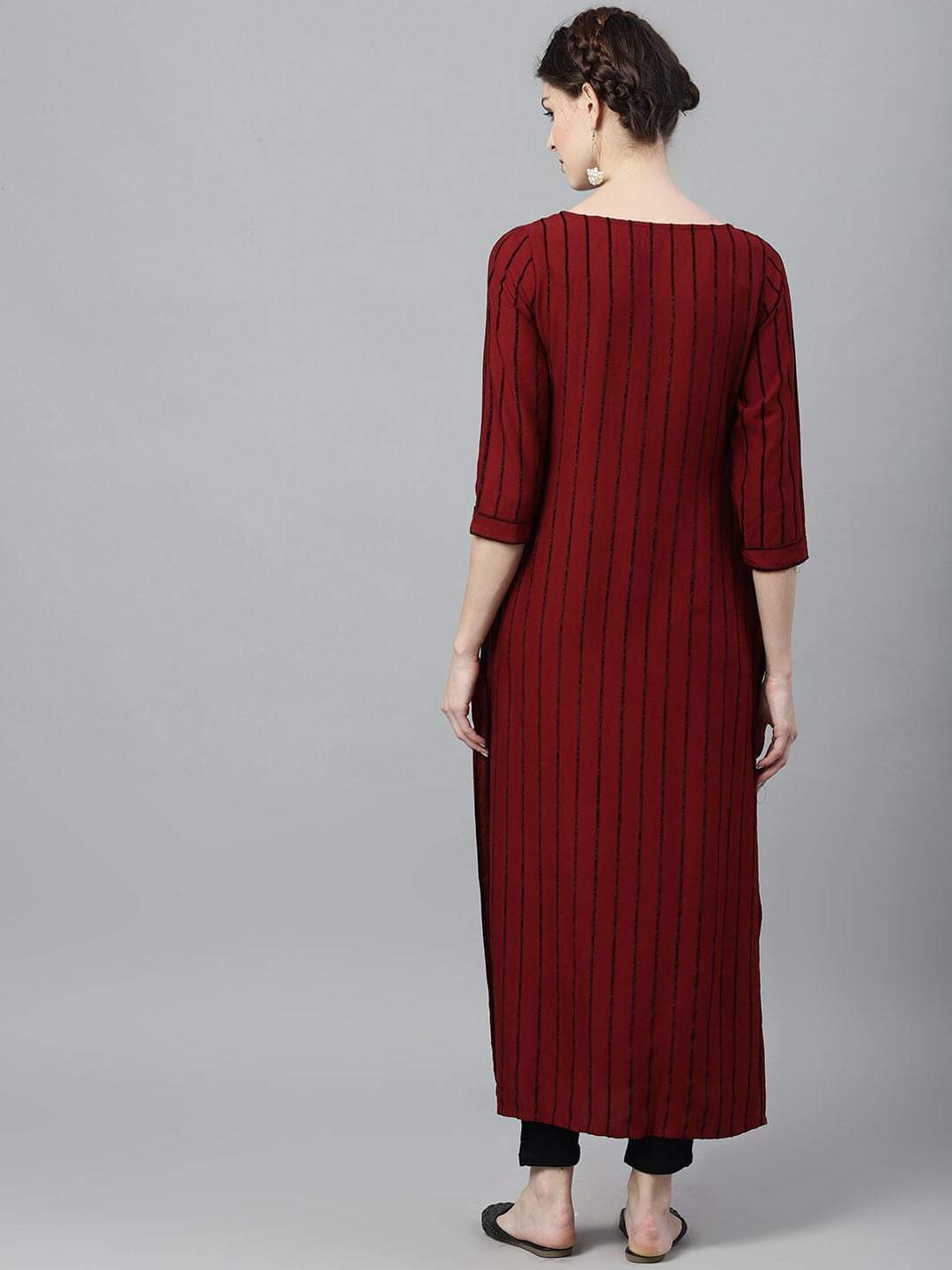 Women's  Maroon & Black Striped Anarkali Kurta
