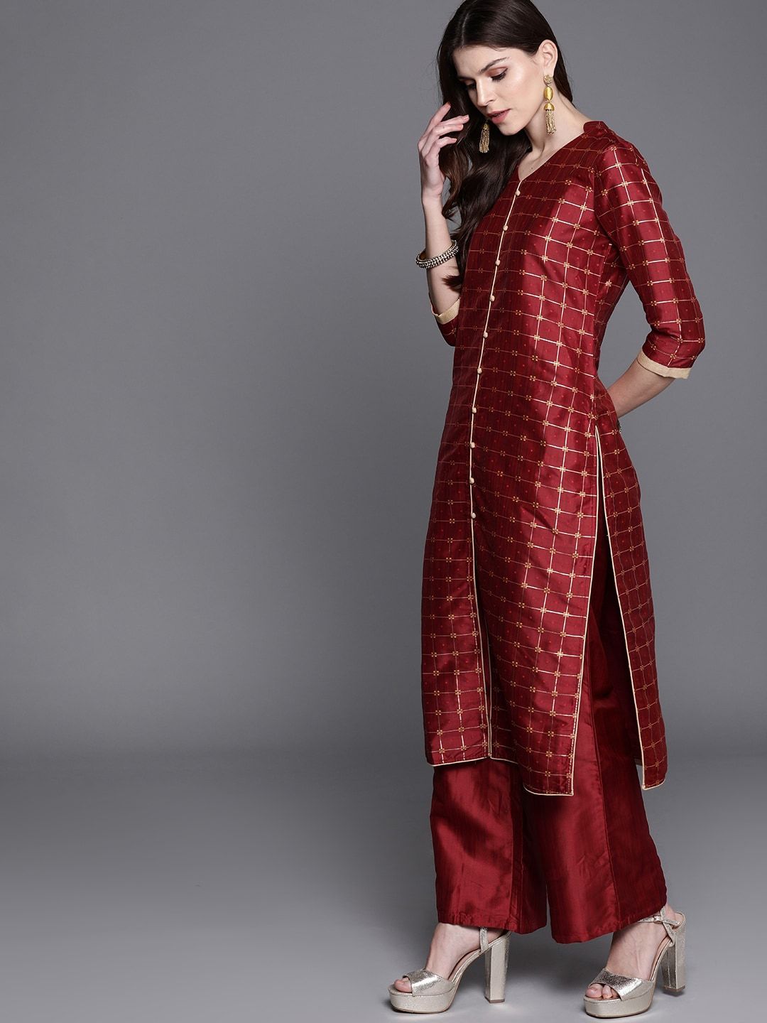 Women's  Maroon & Golden Checked Kurta with Palazzos