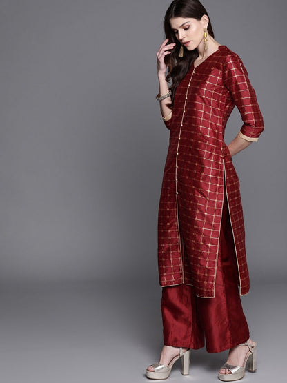 Women's  Maroon & Golden Checked Kurta with Palazzos