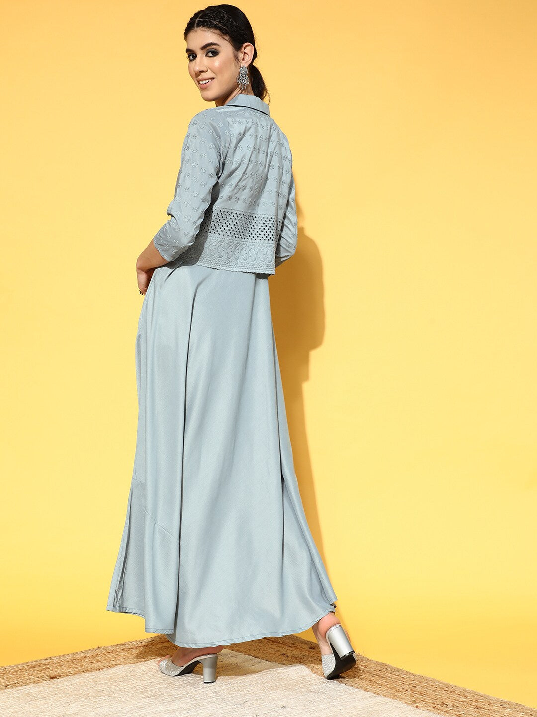 Women's Blue Schiffli Designed Maxi Dress With Jacket