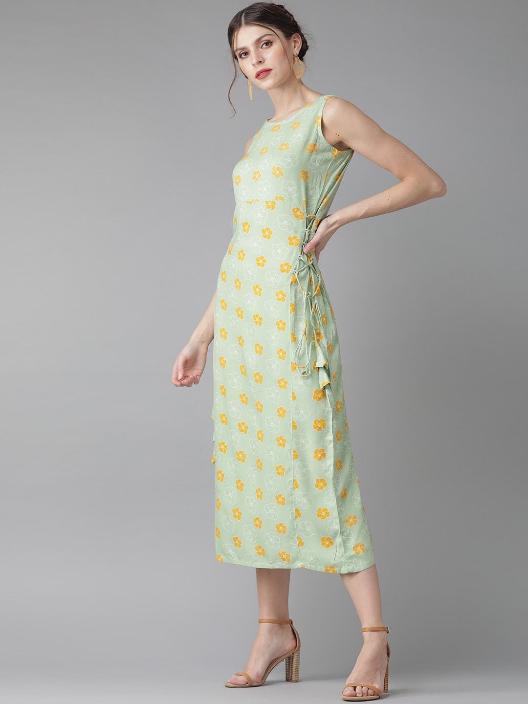 Women's  Green & Mustard Yellow Printed A-Line Dress