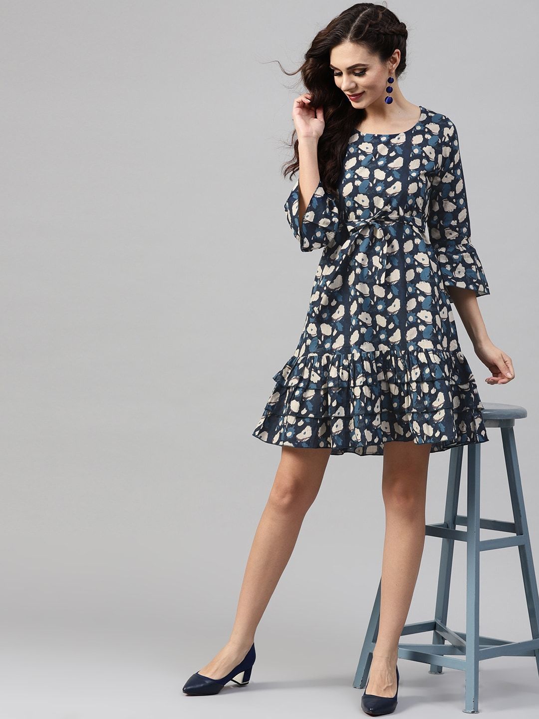 Women's  Blue Printed Drop-Waist Dress