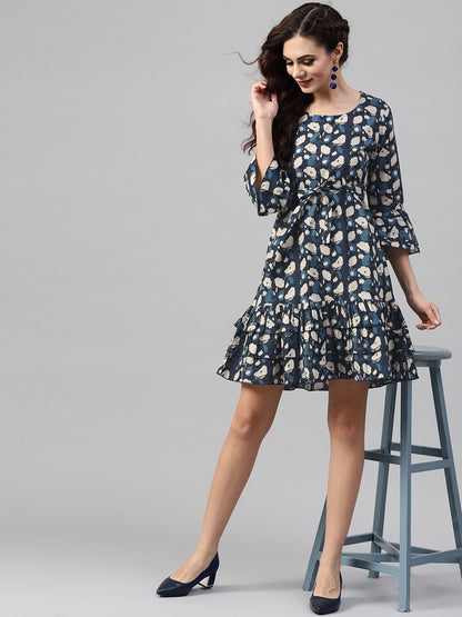 Women's  Blue Printed Drop-Waist Dress