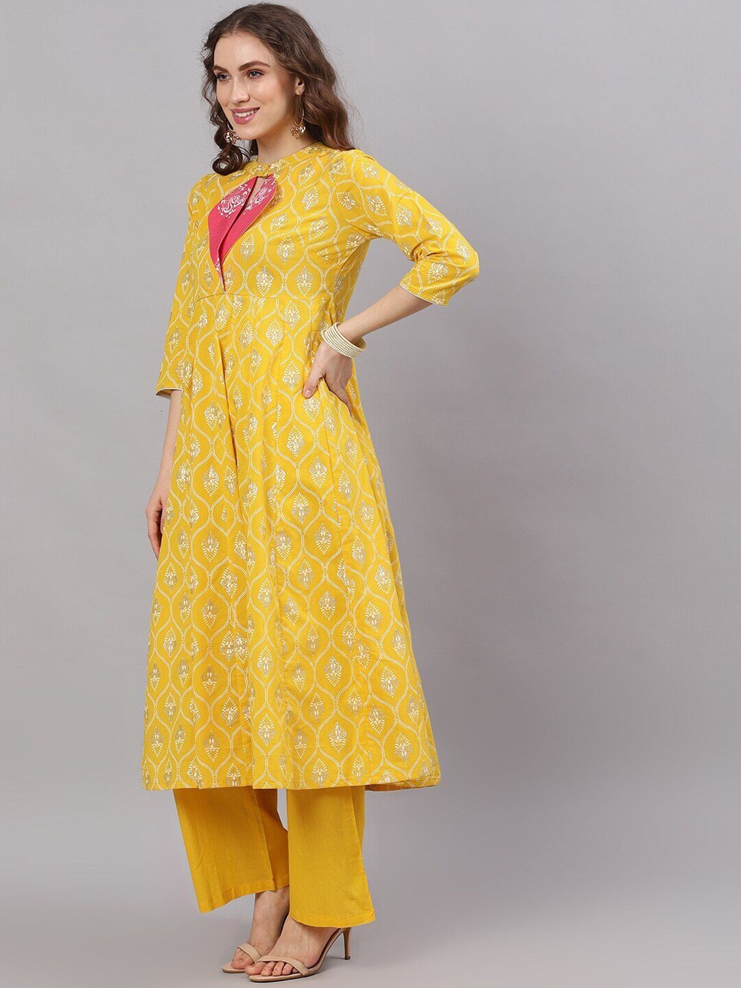 Women's  Yellow Printed Anarkali Kurta