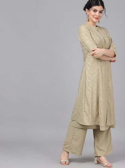 Women's  Taupe & Gold-Cloured Printed Kurta with Palazzos