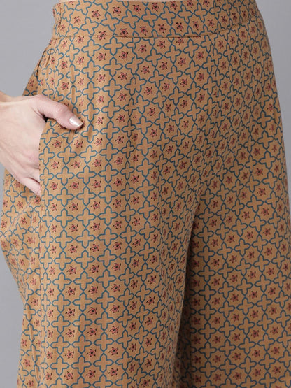 Women's  Brown & Blue Printed Layered Kurta with Palazzos