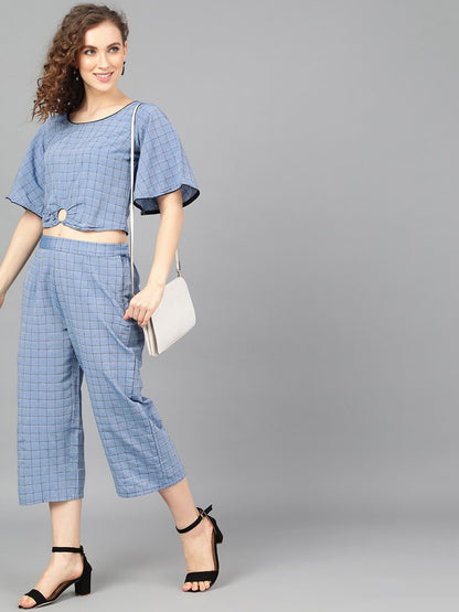 Women's  Blue & Black Checked Two-Piece Jumsuit