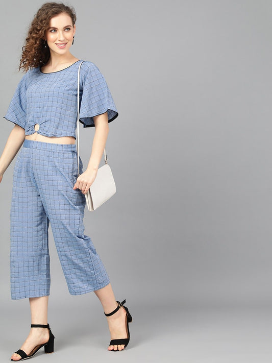 Women's  Blue & Black Checked Two-Piece Jumsuit