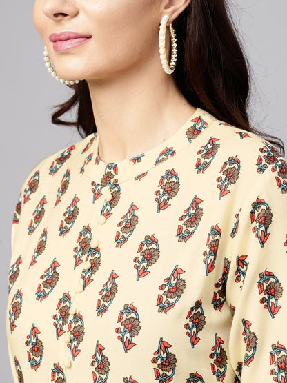 Women's  Cream-Coloured & Blue Printed Maxi Dress