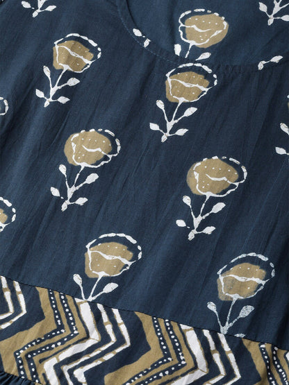 Women's  Navy Blue & Beige Printed Maxi Dress