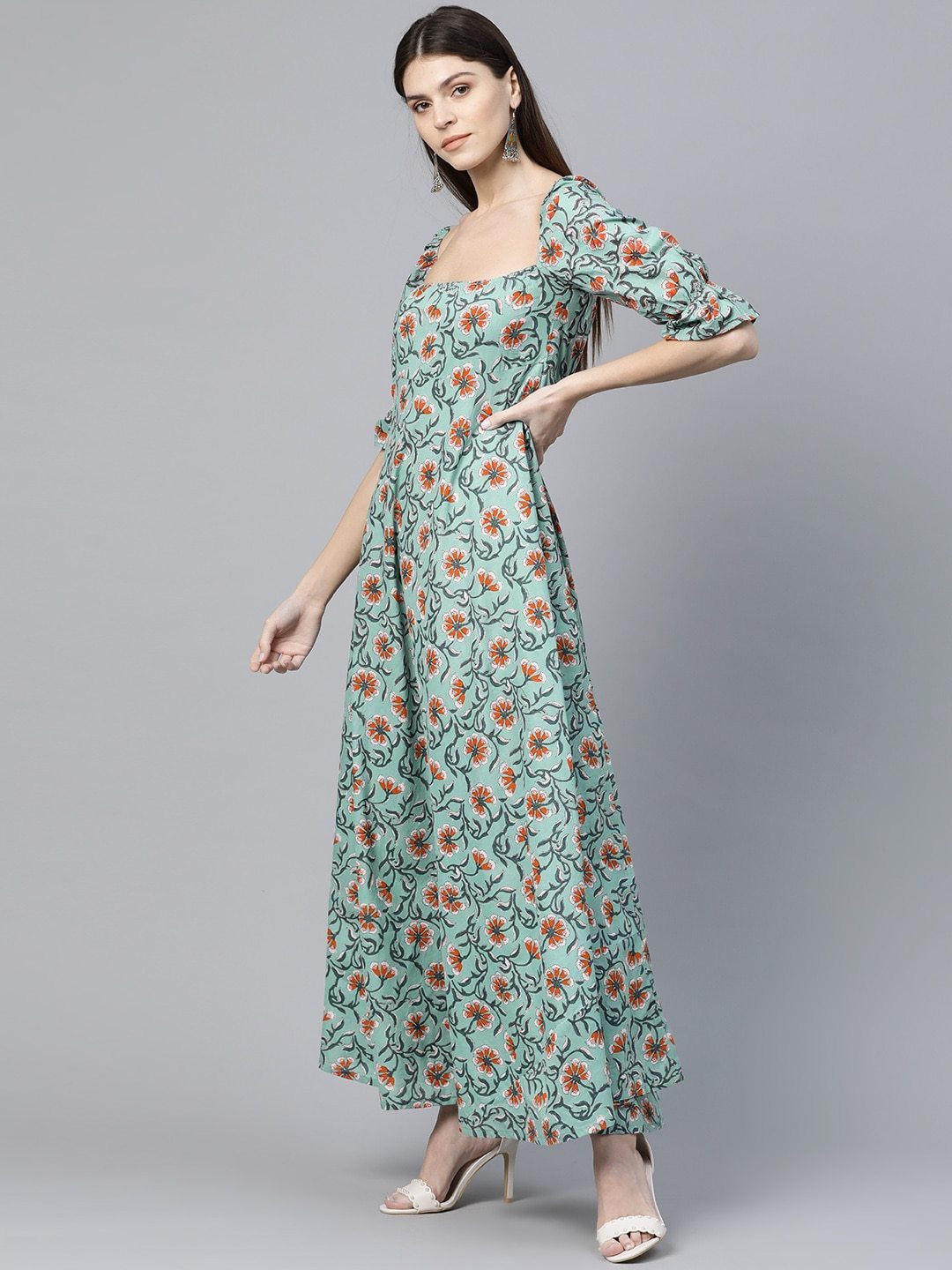 Women's  Green & Orange Printed Maxi Dress