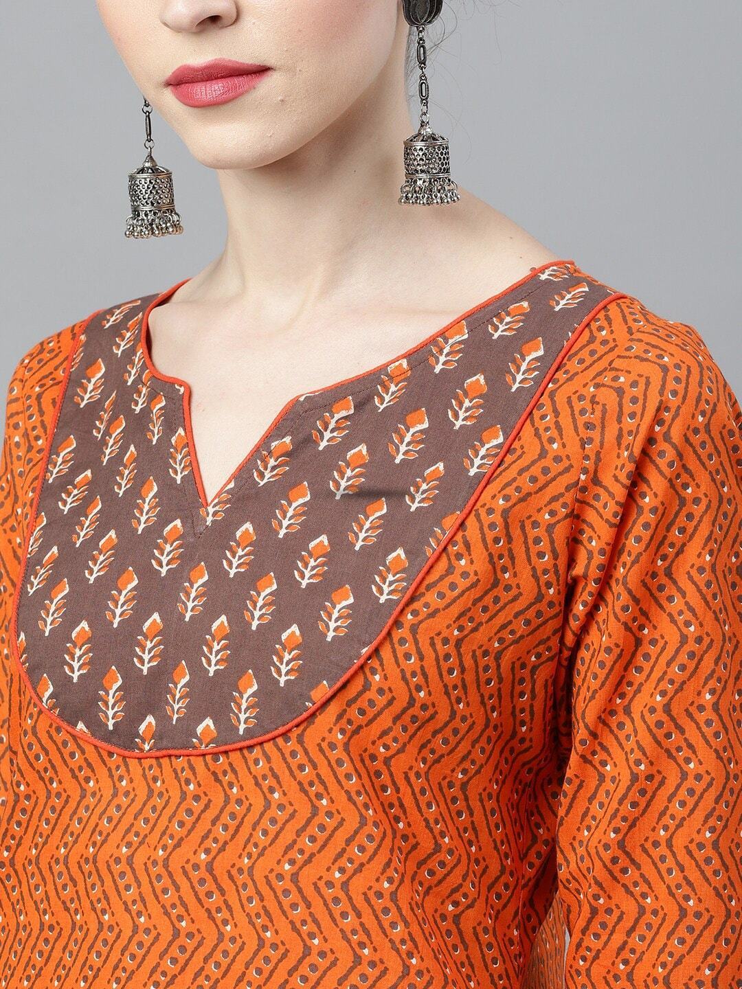 Women's  Orange & Brown Woven Design Straight Kurta