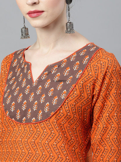 Women's  Orange & Brown Woven Design Straight Kurta
