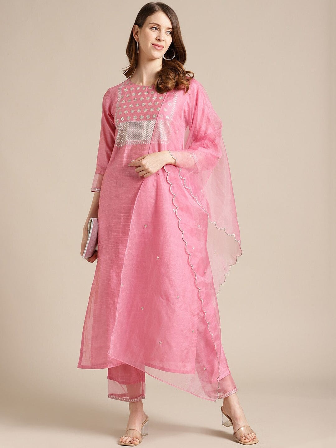 Women's Pink Floral Embroidered Thread Work Kurta with Trousers & With Dupatta
