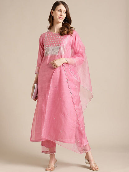 Women's Pink Floral Embroidered Thread Work Kurta with Trousers & With Dupatta
