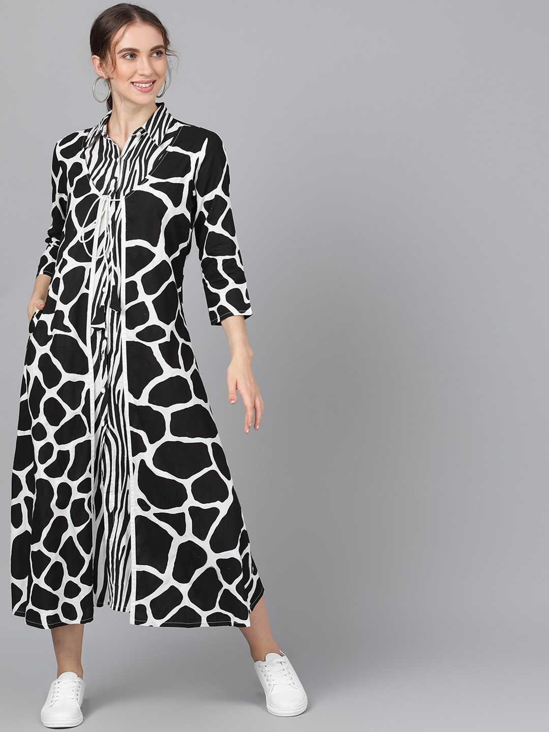 Women's  Black & White Printed A-Line Dress