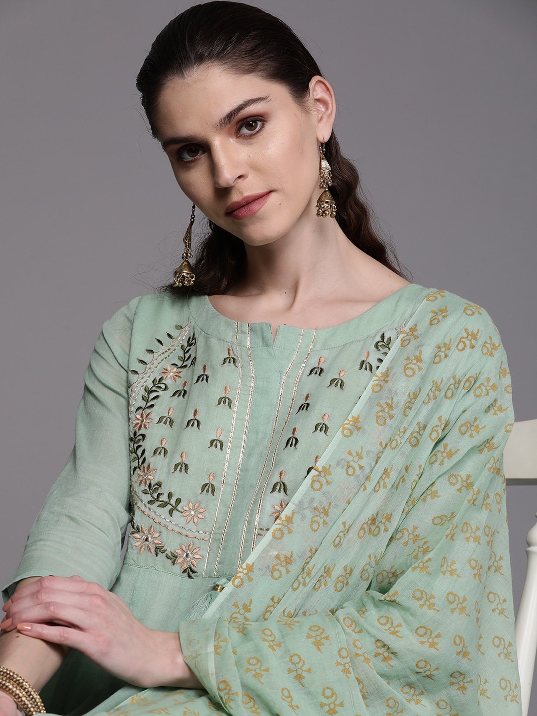 Women's  Sea Green & Golden Yoke Design Anarkali Kurta With Dupatta
