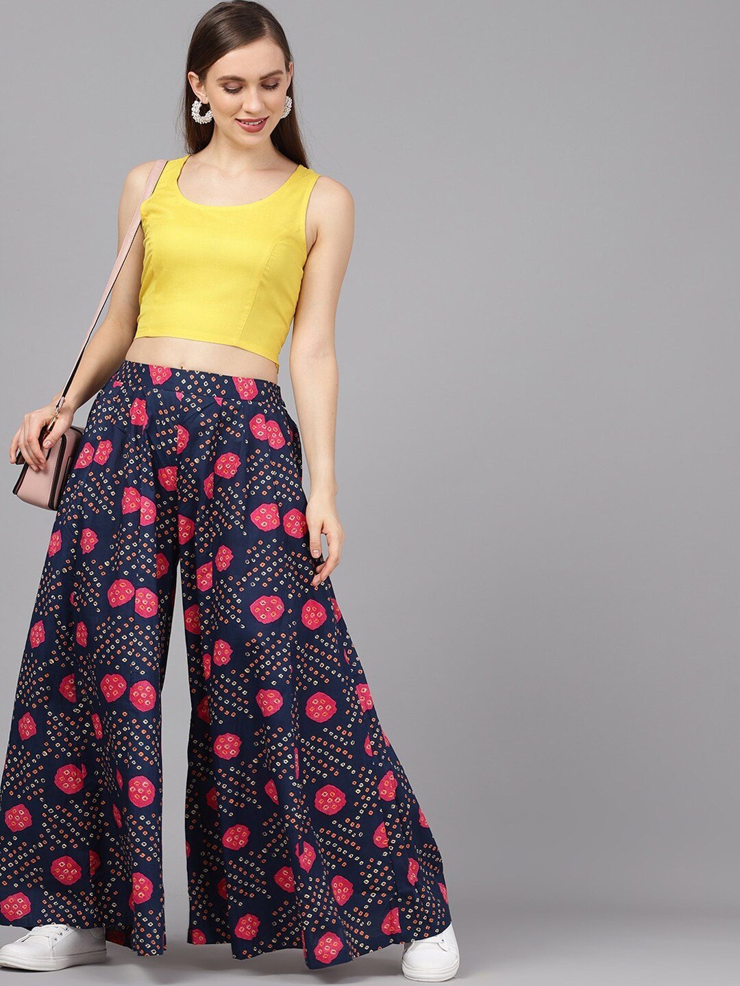 Women's  Navy Blue & Pink Bandhani Printed Flared Palazzos