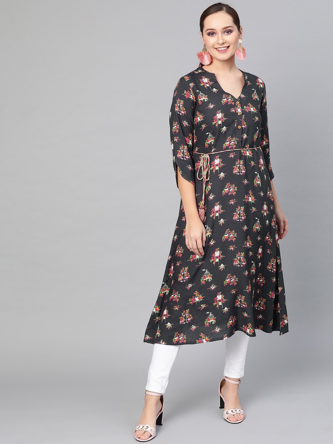 Women's  Grey & Pink Printed A-Line Kurta