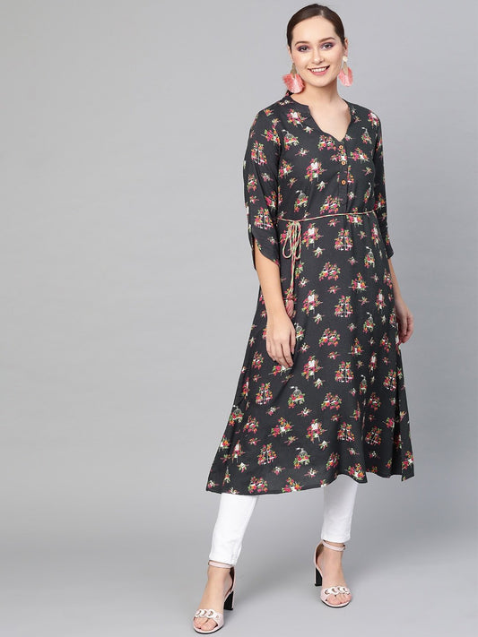 Women's  Grey & Pink Printed A-Line Kurta