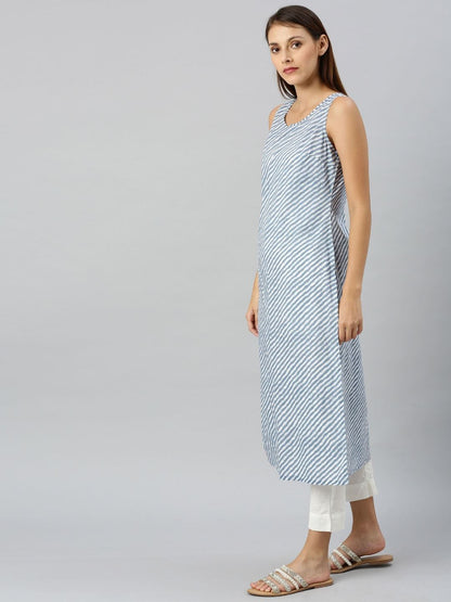 Women's  Blue Striped Straight Kurta & Jacket