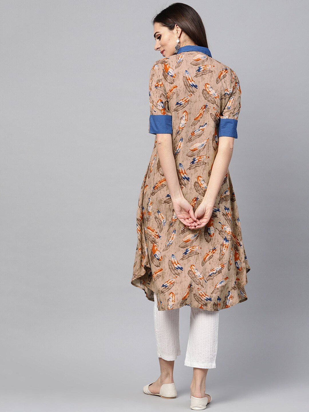 Women's  Beige & Rust Orange Feather Print A-Line Kurta