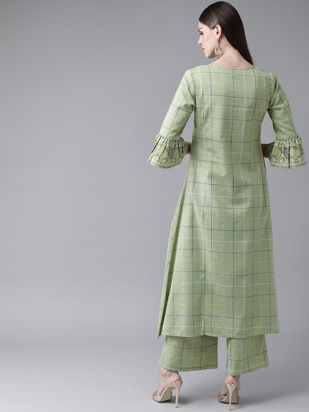 Women's  Green & Navy Blue Checked A-Line Kurta