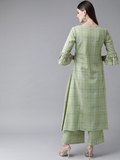 Women's  Green & Navy Blue Checked A-Line Kurta