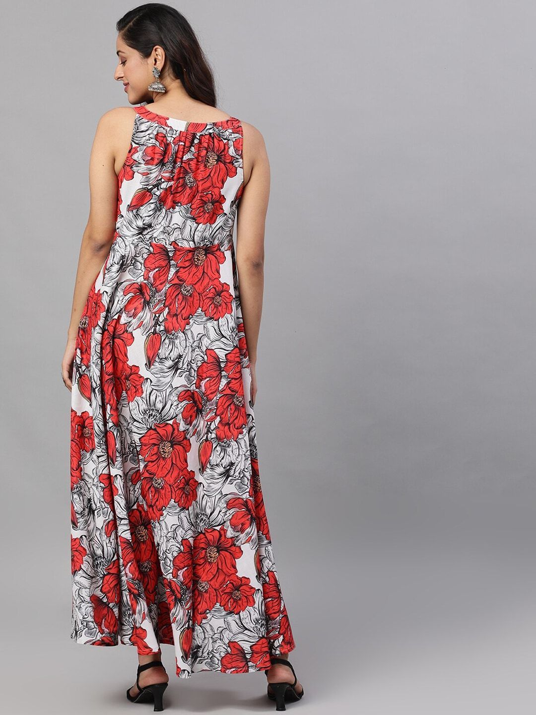 Women's  White& Red Floral Printed Maxi Dress
