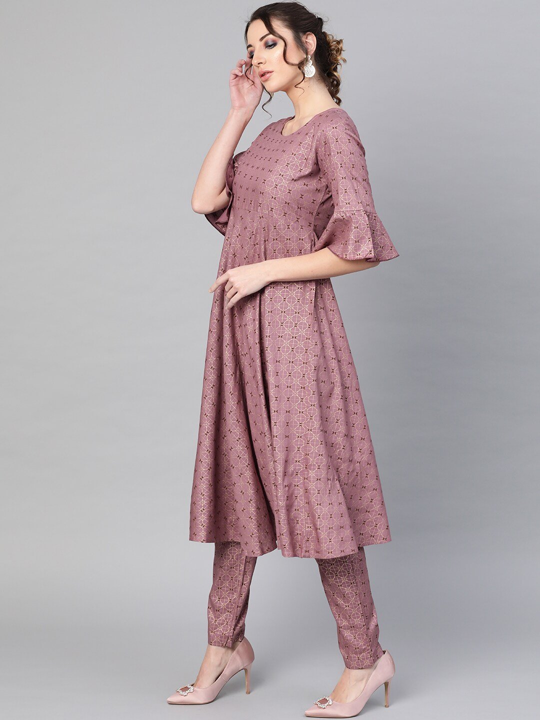 Women's  Mauve & Golden Printed A-Line Kurta
