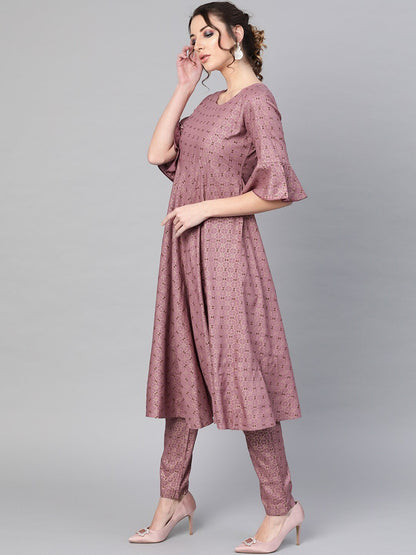 Women's  Mauve & Golden Printed A-Line Kurta
