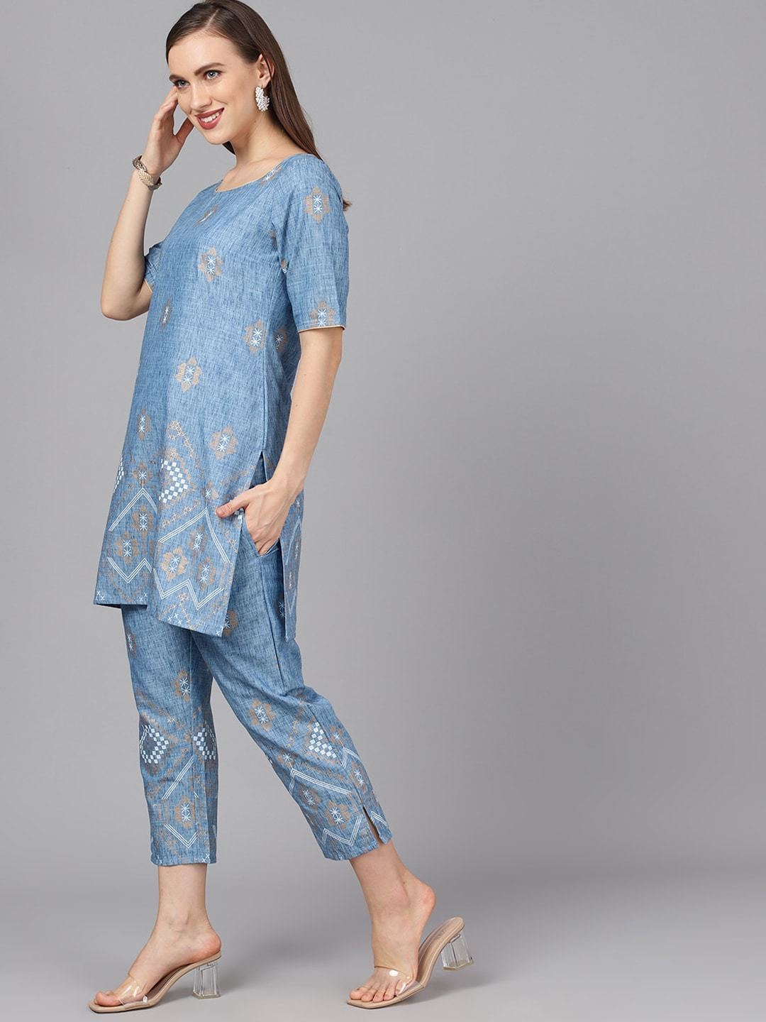 Women's  Blue & Gold-Coloured Printed Kurta with Trousers