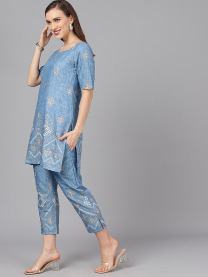 Women's  Blue & Gold-Coloured Printed Kurta with Trousers