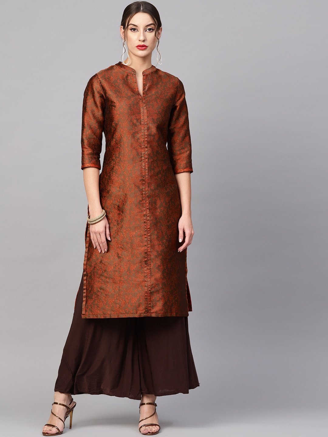 Women's  Orange & Brown Woven Design Brocade Reversible Straight Kurta