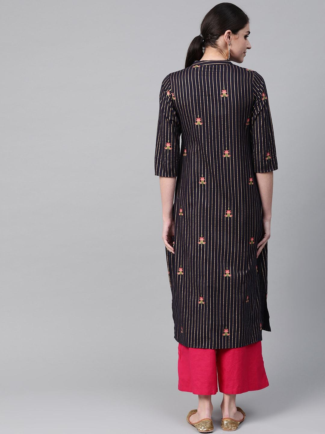 Women's Navy Blue & Golden Striped Straight Kurta