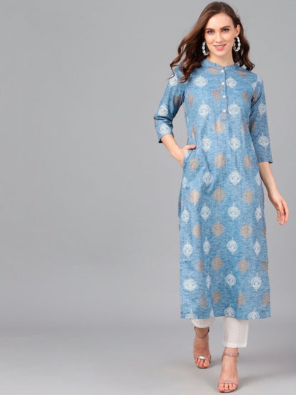 Women's  Blue & Gold-Toned Printed Straight Kurta
