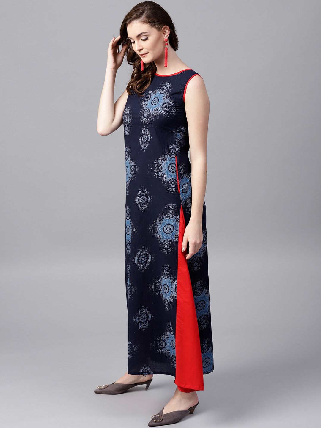 Women's  Navy Blue & Red Printed Maxi Dress