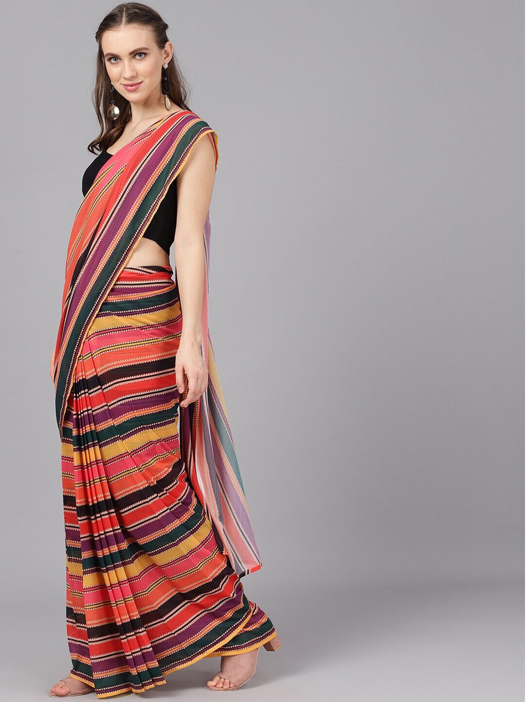 Women's Multicoloured Striped Poly Georgette Saree