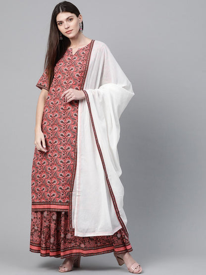 Women's  Pink & Charcoal Grey Ethnic Printed Kurta with Skirt & Dupatta