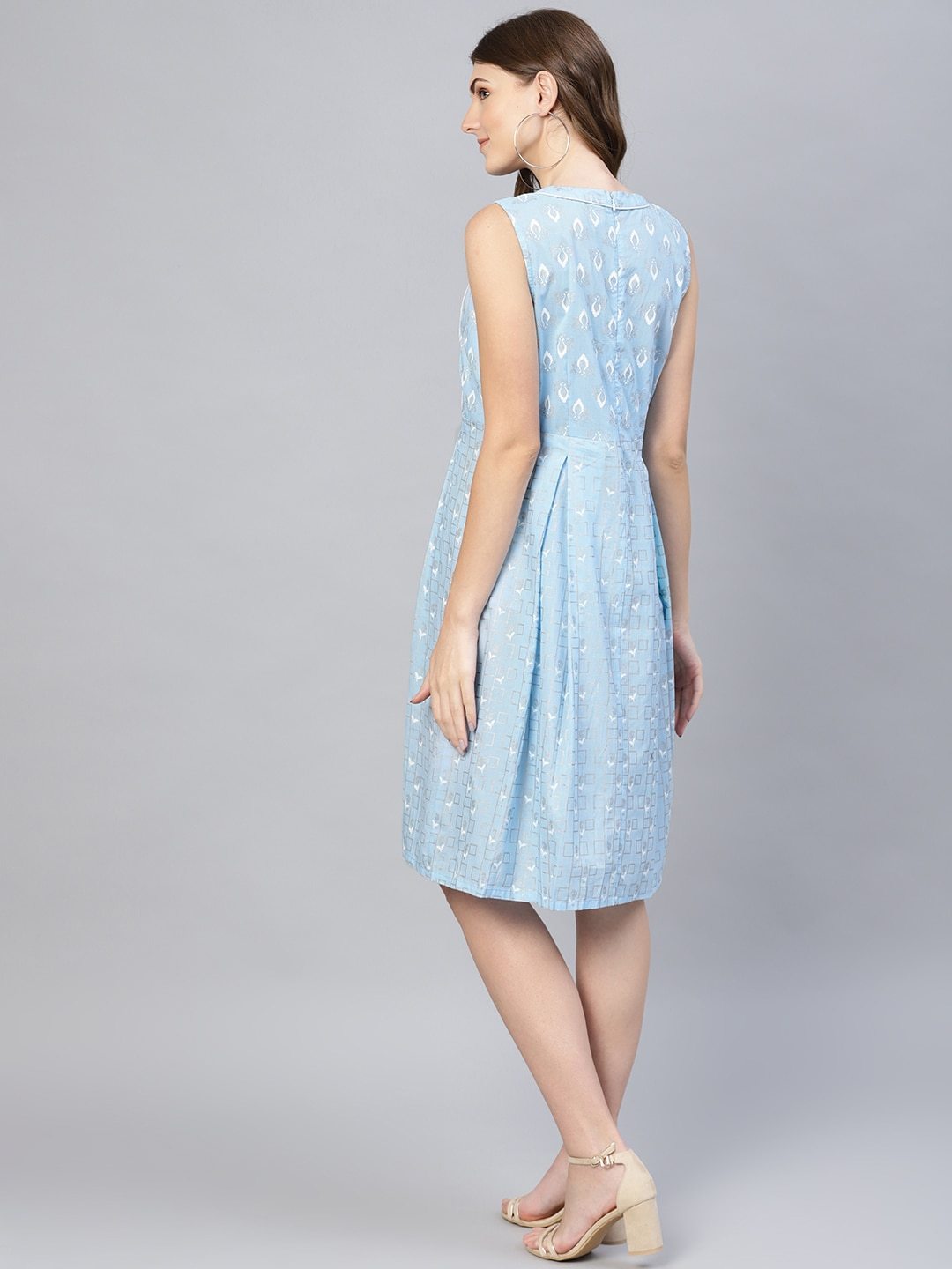 Women's  Blue & White Khari Print A-Line Dress
