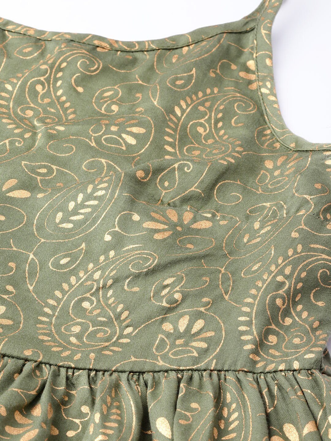 Women's  Olive Green & Golden Printed Layered Maxi Dress