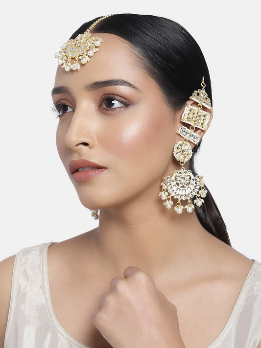 Women's Traditional Gold Plated Chandbali Kundan & Pearl Earring Set with Maang Tikka