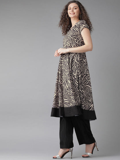 Women's  Beige & Black Printed Anarkali Kurta