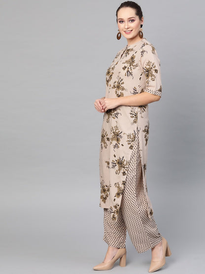 Women's  Beige & Brown Printed Straight Kurta with Palazzos