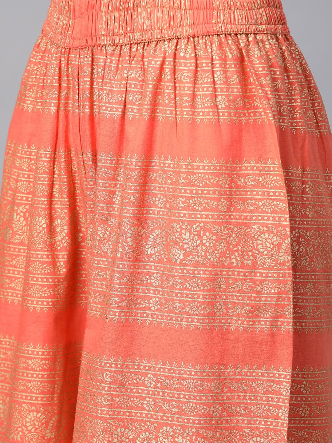 Women's Coral Orange & Golden Printed Cotton Kurta with Palazzos