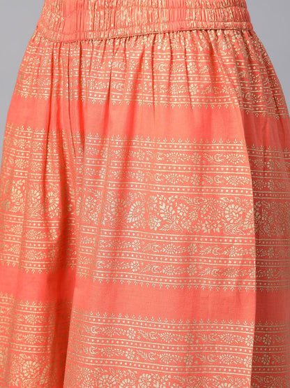 Women's Coral Orange & Golden Printed Cotton Kurta with Palazzos
