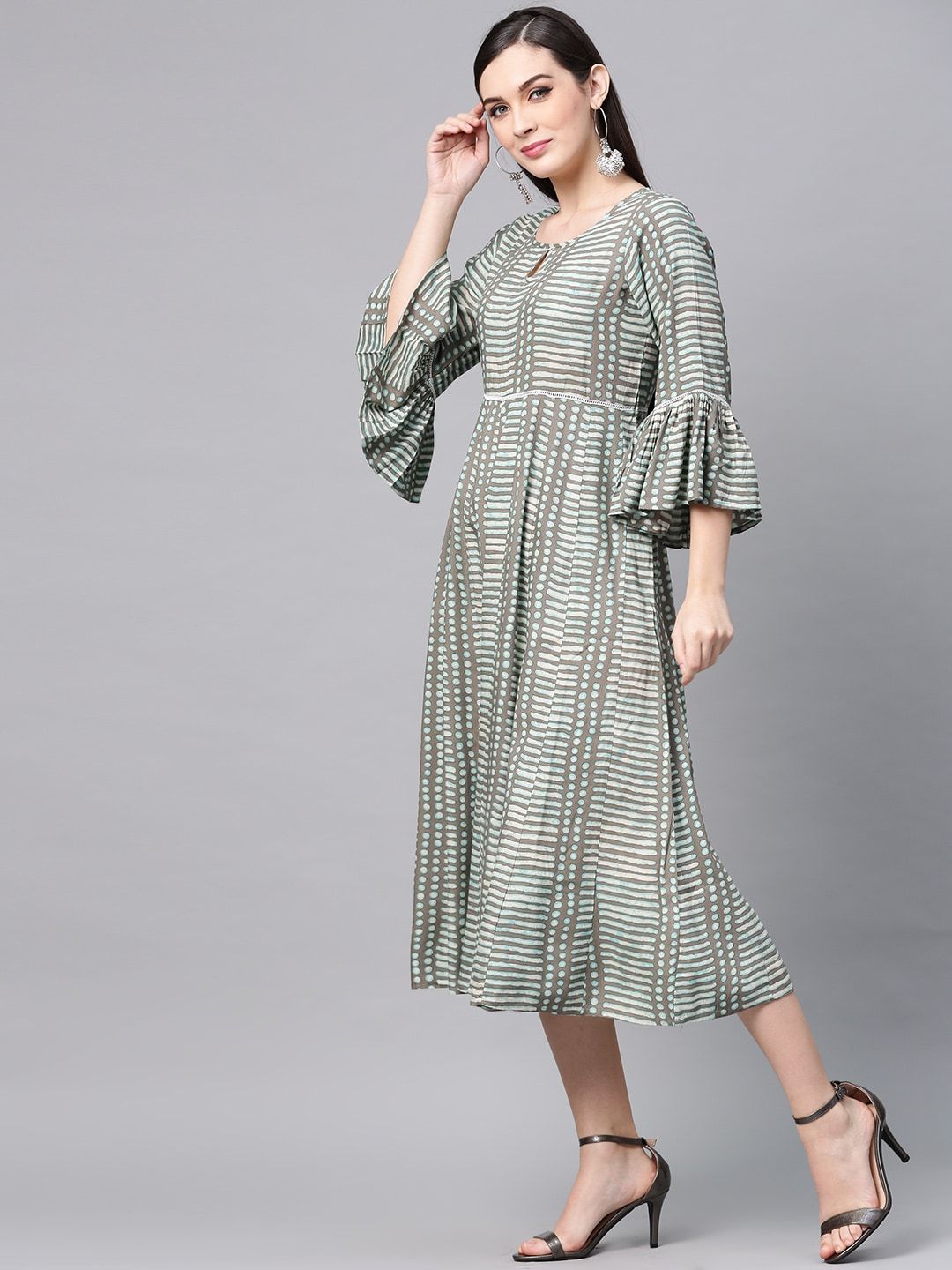 Women's  Grey & Blue Printed Empire Dress